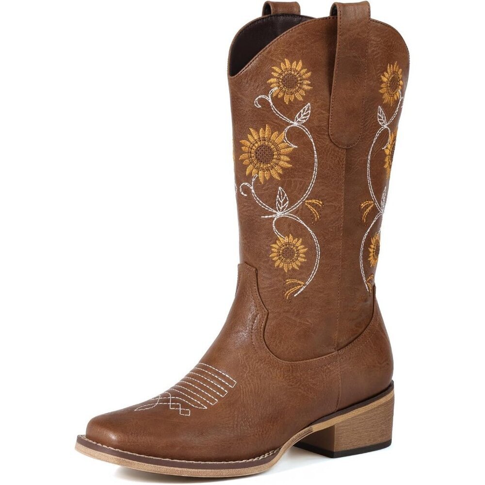 Cowboy Boots for Women Retro Pointed Toe Pull On Block Chunky Heel Embroided